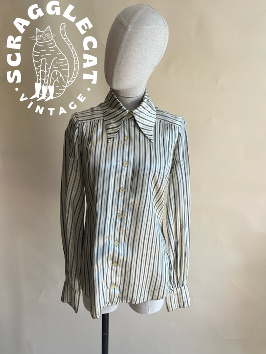 1970's Bus Stop satin cream and black stripe shirt