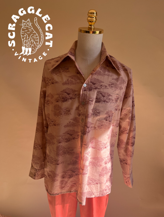 1970's Pink and burgundy countryside pattern shirt